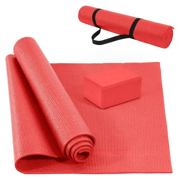 All Purpose 1/4-Inch High Density Anti-Tear Exercise Yoga Mat with Carrying Strap and Yoga Blocks, Red