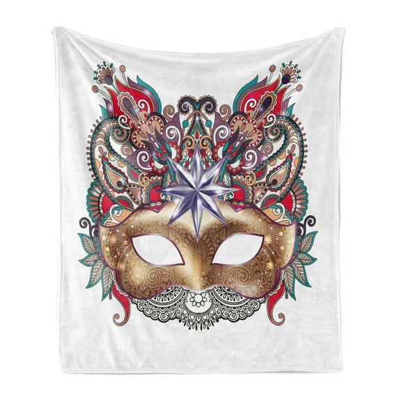 Mardi Gras Soft Flannel Fleece Throw Blanket, Venetian Carnival Silhouette with Ornamental Elements Masquerade Costume, Cozy Plush for Indoor and Outdoor Use, 50" x 70", Multicolor, by Ambesonne