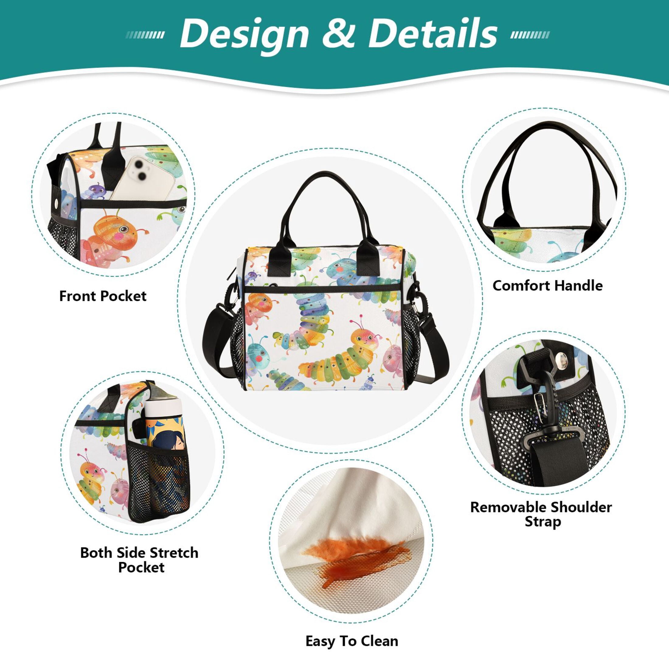 Cartoon Colorful Caterpillar Lunch Bag Insulated Lunch Box Leakproof Reusable Cooler Tote Adjustable Shoulder Strap for Men Women 9L