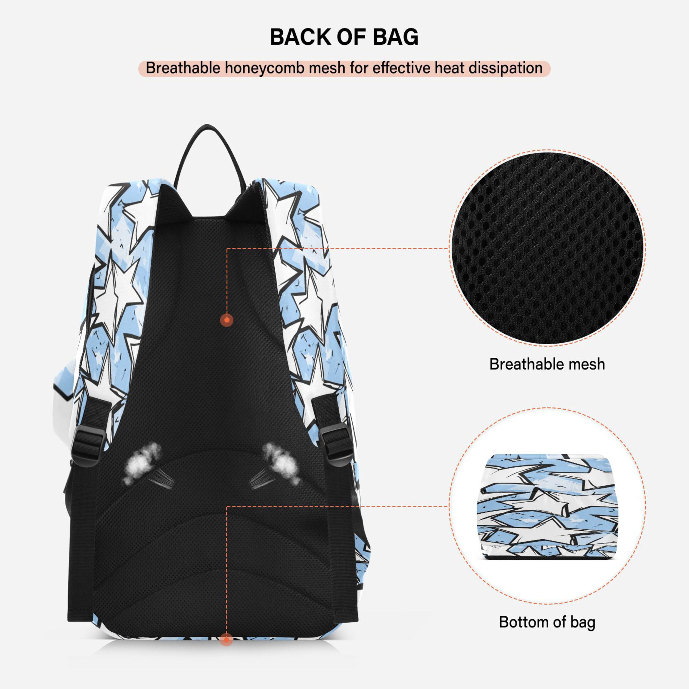 2 Racquet Holder Tennis Backpack Tennis Racket Covers Gym Bags White Stars Pattern
