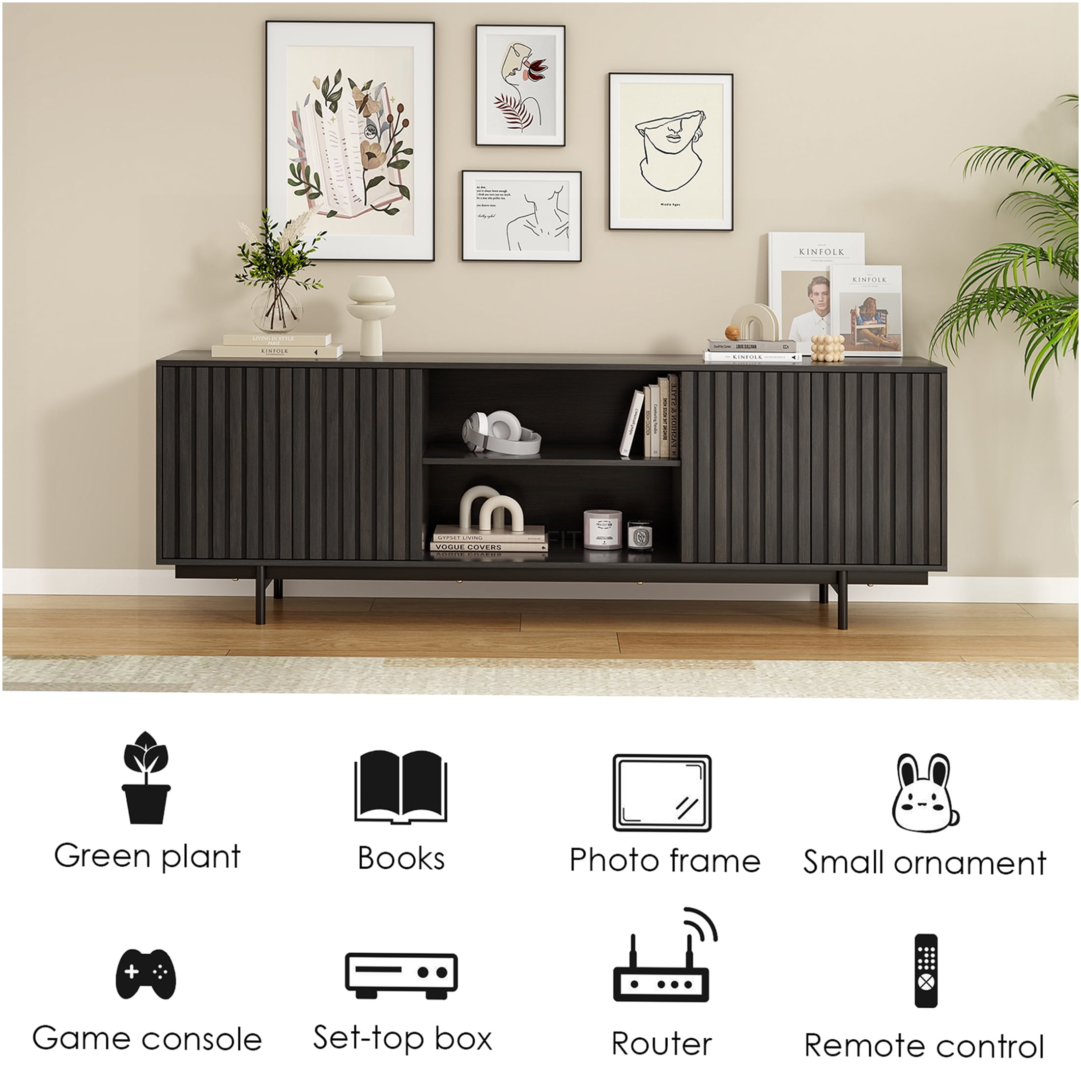 JERFIT 75 inch TV Stand with Pop-Up Doors, Mid Century Modern Entertainment Center with Storage Shelves, Farmhouse Retro Fluted Design for Living Room, Bedroom, Black