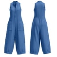 thumbnail image 4 of Women's Soft Cotton Mid Waisted Drawstring Jumpsuit with Pockets, Loose Fit Solid Color Casual Playwear, Elastic Waist Lounge Pajamas for Home or | VerBelle,Blue L, 4 of 7
