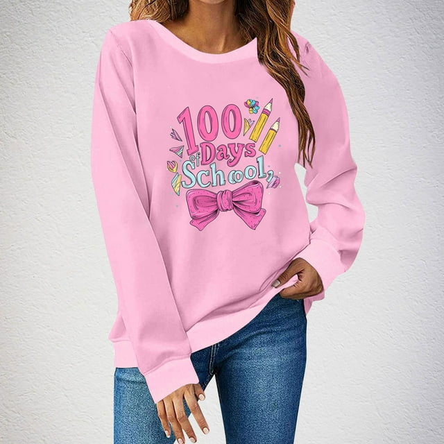 Xuyuer Women 100 Days of School Sweatshirt: Funny Teacher Shirts School Teaching Long Sleeves Teachers Gifts Tops Teacher Graphic T-Shirts School Days Tee Tops