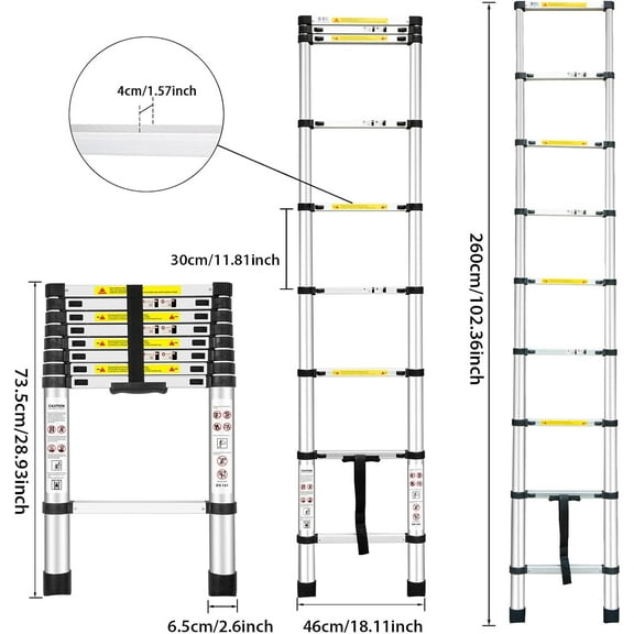 Telescoping Ladder, 8.5Ft/2.6M Aluminum Extension Ladder with 330lbs Capacity for RV, Attic, Outdoor Use