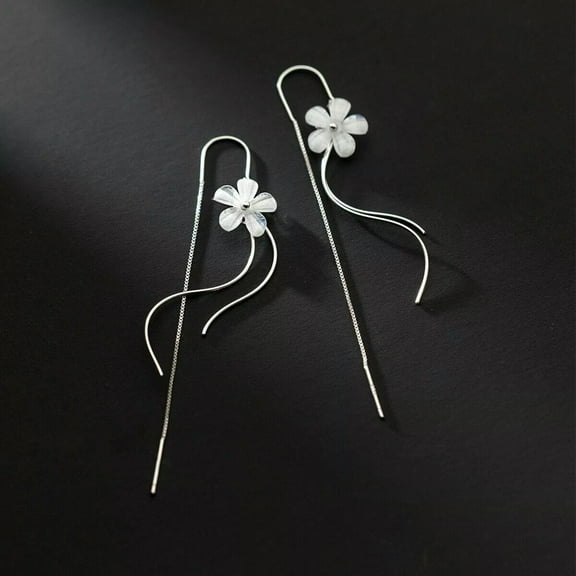 QQTDFG PLUMERIA Flower Sterling Silver Wavy Threader Thread Dangle Long Earrings A4454-default