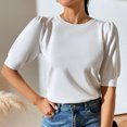 thumbnail image 2 of Camiseta de punto para mujer, mangas cortas abullonadas, puños ajustados, Top informal de verano de color puro para uso diario, blanco L, 2 of 6