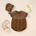 thumbnail image 2 of Generic Quick Drying Sweaters for Children's Baby Knitted Romper Cotton Sleeveless Boy Girl Ruffled Striped Sweater Clothes Bodysuit With Hat Caps Outfits Set (6-9 Months,Coffee), 2 of 9