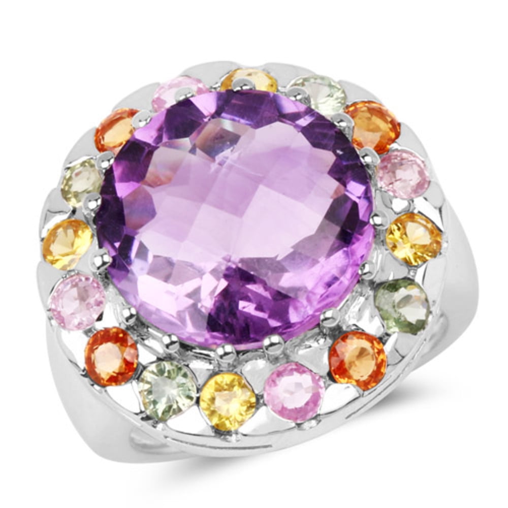 Genuine Round Amethyst, Green Sapphire and Pink Sapphire Ring in Sterling Silver Size 8.00 by Bonyak Jewelry
