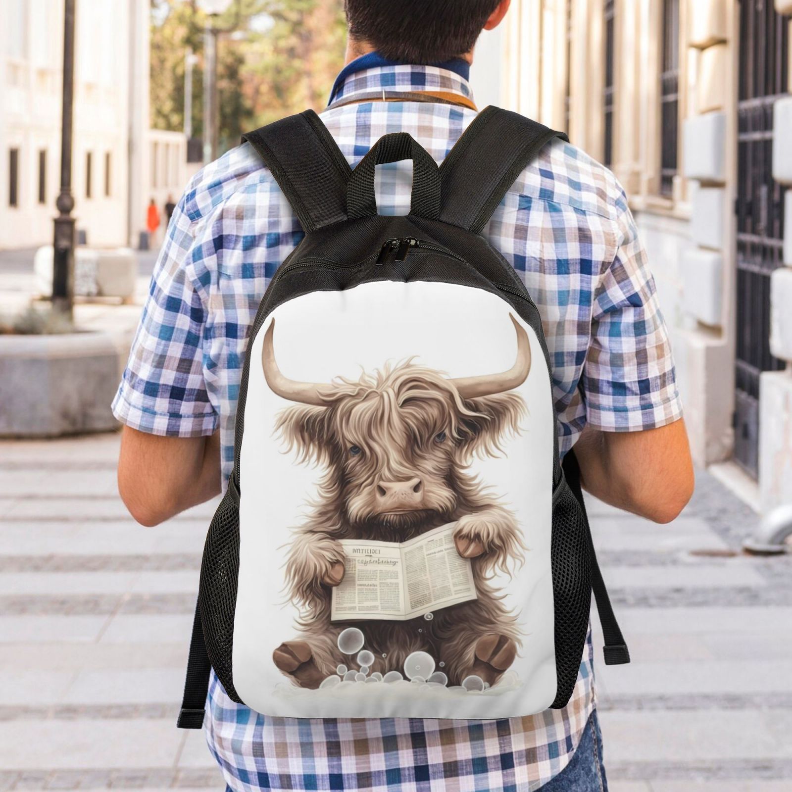Horeoi Relaxed Cute Cow Reading Print Waterproof 600D Oxford Laptop Backpack for School Travel Work - Lightweight Durable Bag with Adjustable Straps