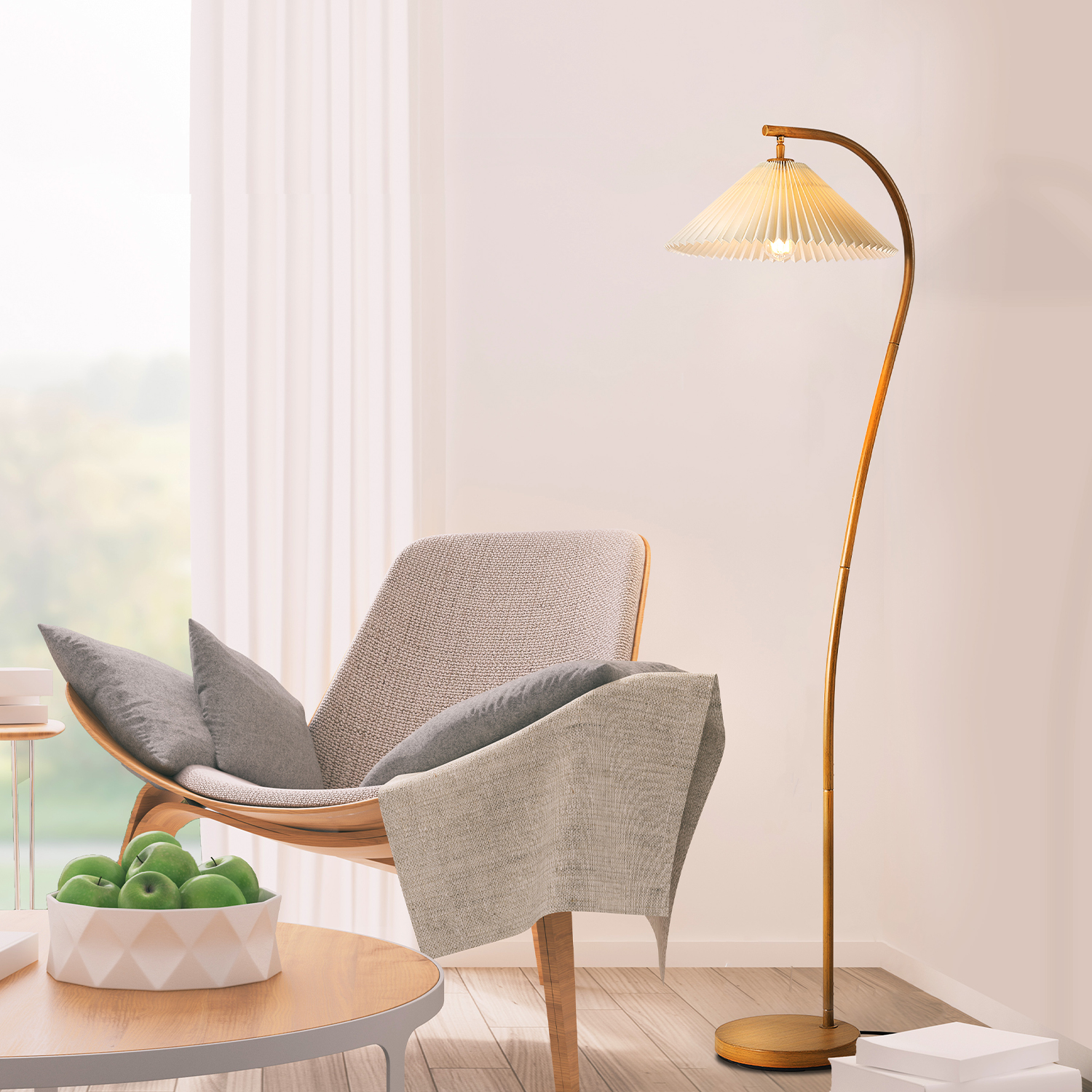 Novogratz x Globe 62" Wood Toned Floor Lamp with White Pleated Fabric Shade