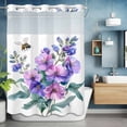thumbnail image 6 of Spring Floral No Hooks Shower Curtain with Snap-in Liner Watercolor Pink Purple Flower Green Leaves Yellow Bee Shower Curtains for Bathroom, Waterproof, Easy Install, Washable 60"x72", 6 of 9