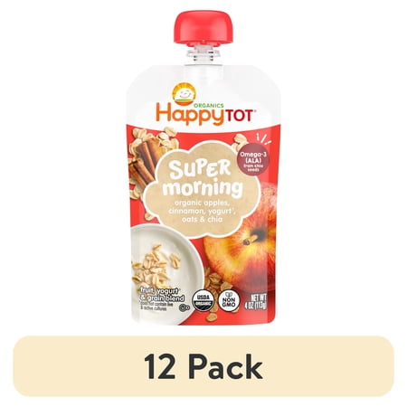 (12 pack) Happy Tot Organics Super Morning Stage 4, Apple Cinnamon Yogurt & Oats Organic Tot Food, 4 oz. Pouch