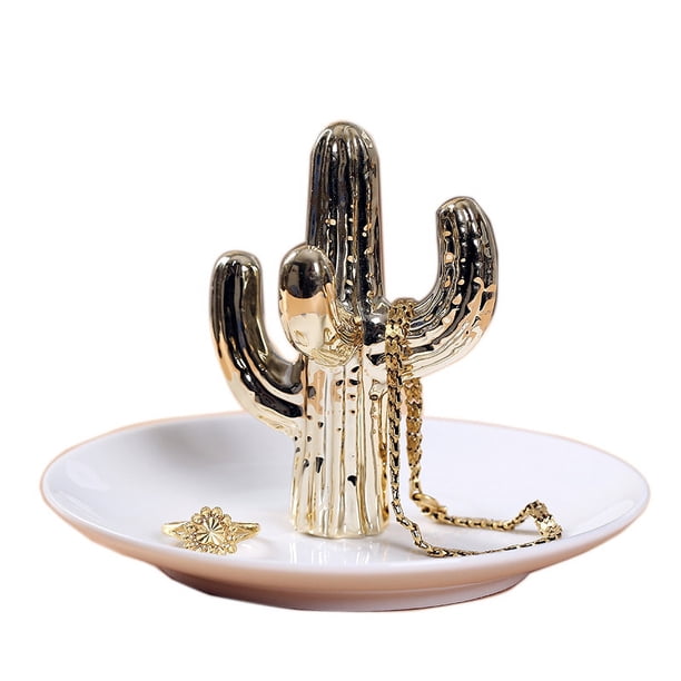 Plato de cerámica para joyería, soporte para anillos dorados con forma de cactus, bandeja para joyas, soporte para collares y pendientes, soporte de exhibición para decoración del hogar