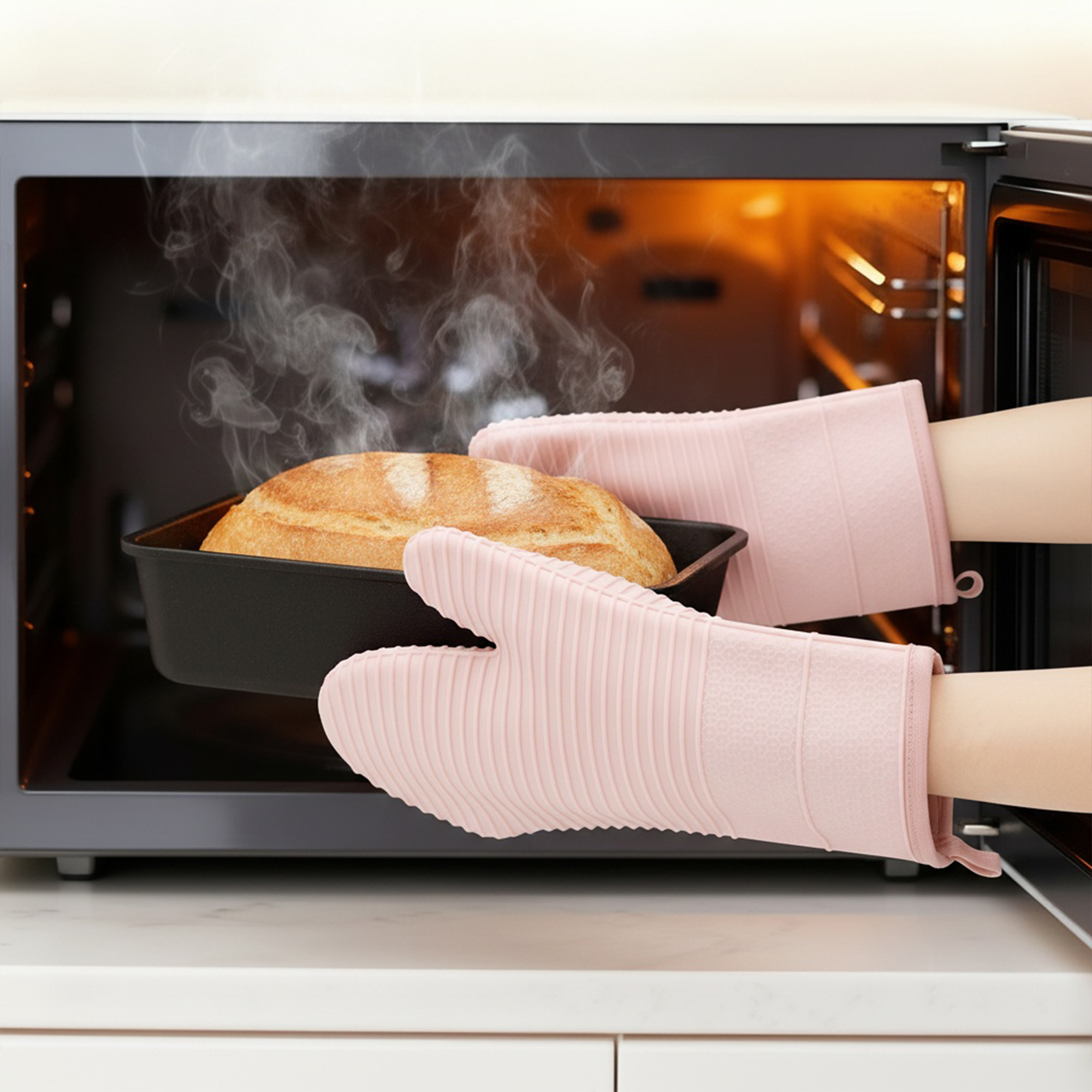 Unique Bargains Soft Oven Mitts Heat Resistant Cooking Gloves Pink 12.4x7.5inch