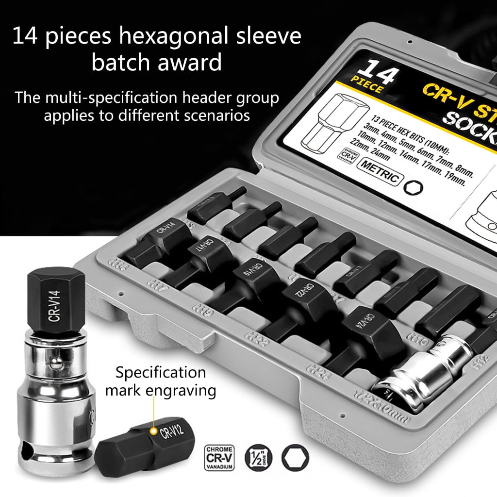 14Pcs Tools Impact Hex Bit Socket Set 1/2" Drive Hexagon Allen key 3mm-24mm