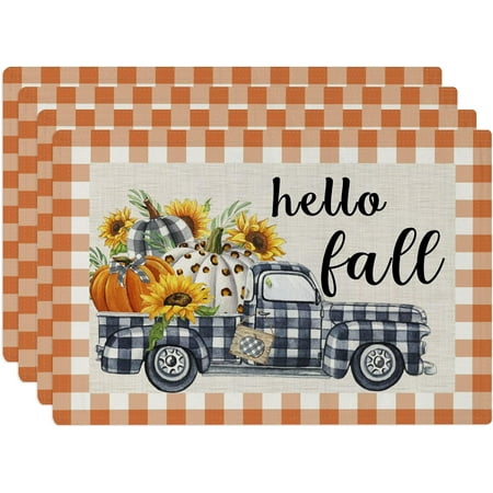 

Fall Truck Pumpkin Sunflower Placemats for Dining Table 12x18 Inch Orange Buffalo Plaid Place Mats Set of 4 Thanksgiving Autumn Decorations for Indoor Outdoor Party Washable Table Mat