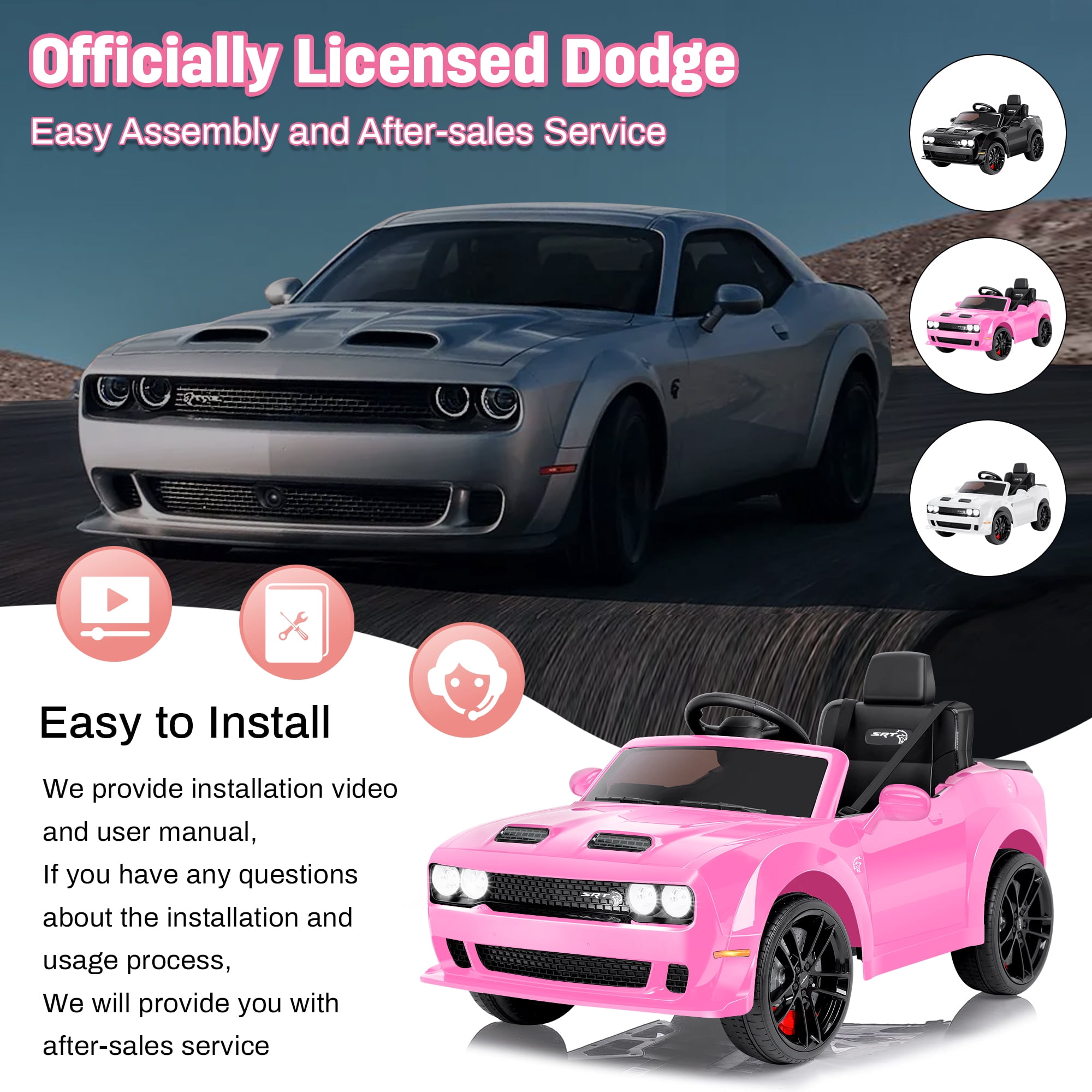 Dodge Challenger SRT Kids Ride on Car,Wisairt 12 V Battery Powered Electric Vehicle w/ Remote Control,Bluetooth,LED Lights(Pink)