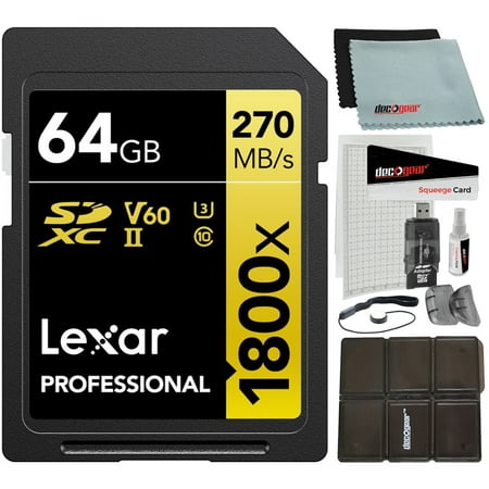 Lexar LSD1800064G-BNNNU Professional 1800x SDXC UHS-II Card GOLD Series 64GB Bundle with Accessories Kit Including Reader & Case + LCD Screen Covers + Microfiber Cloth & More