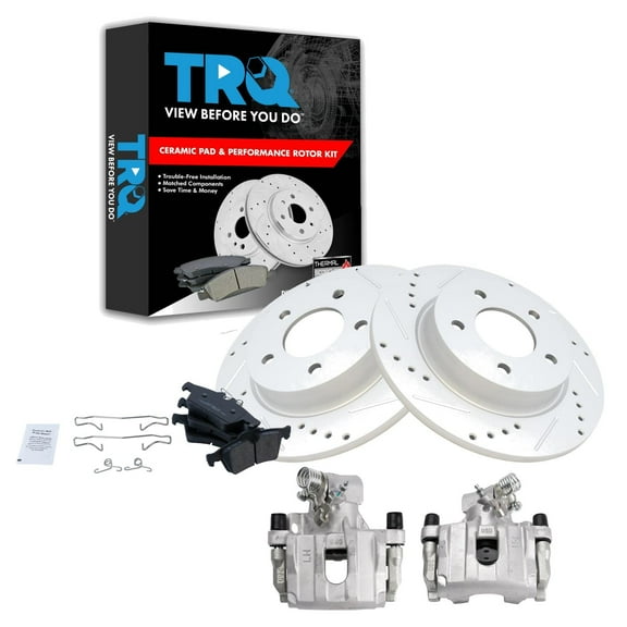 TRQ Rear Performance Brake Pad & Rotor Kit Brake Caliper Brake Pads Brake Rotors Set Ceramic Solid Premium G-Coated Fits Select 2009-2013 Mazda 3