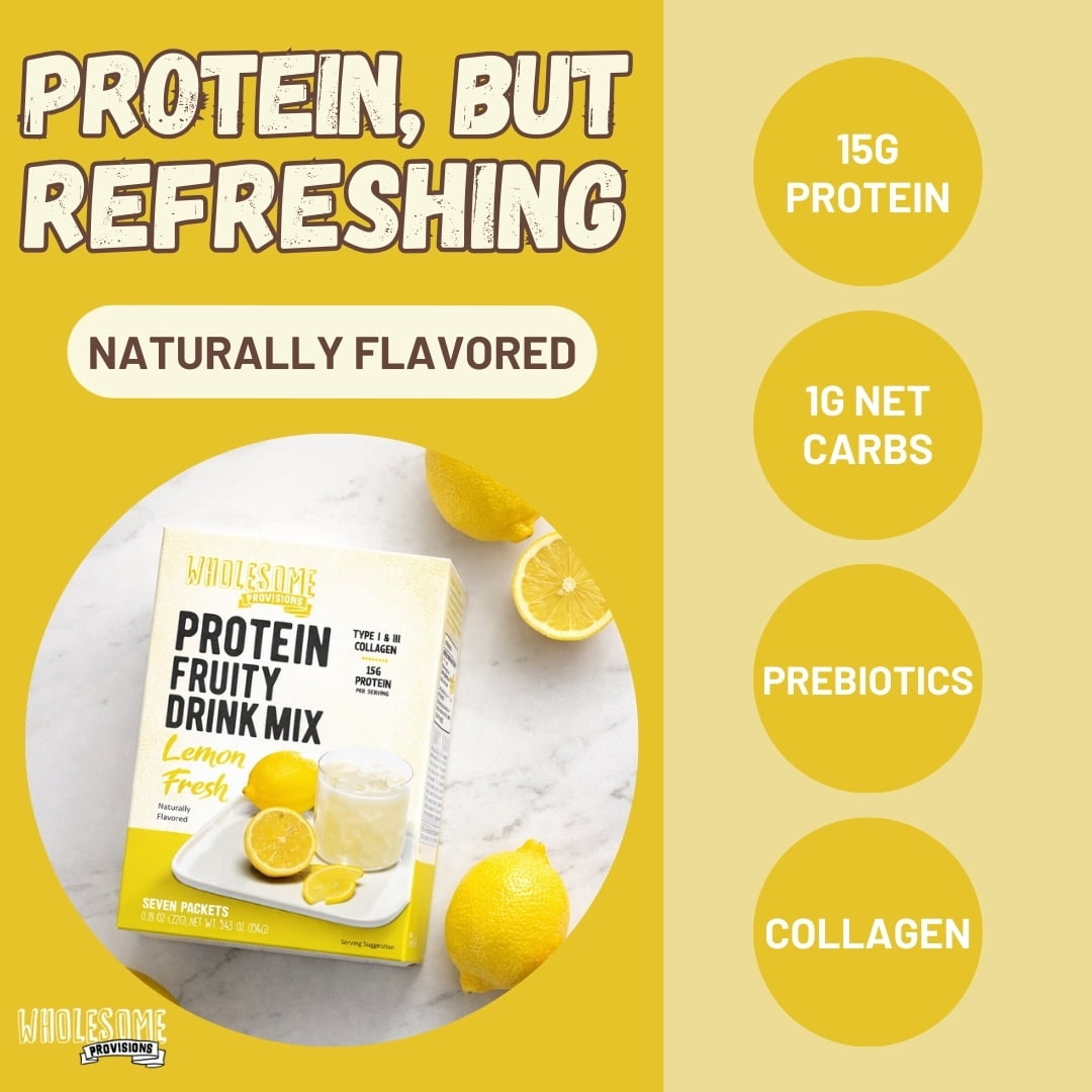 Protein Fruit Drink Mix, 15g Protein, Low Sugar, Collagen + Prebiotics, No Artificial Colors or Dyes, Refreshing by Wholesome Provisions(Pack of 5, Lemon)