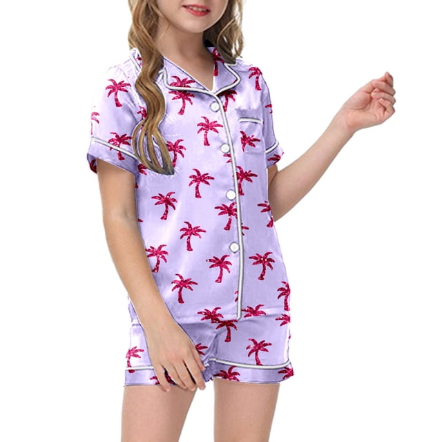 Pyjama en Satin Imprimé Manches Courtes Enfants Ensemble Pyjama Boutonné Ensemble Pyjama Classique Filles Pyjama Garçons Filles Mode