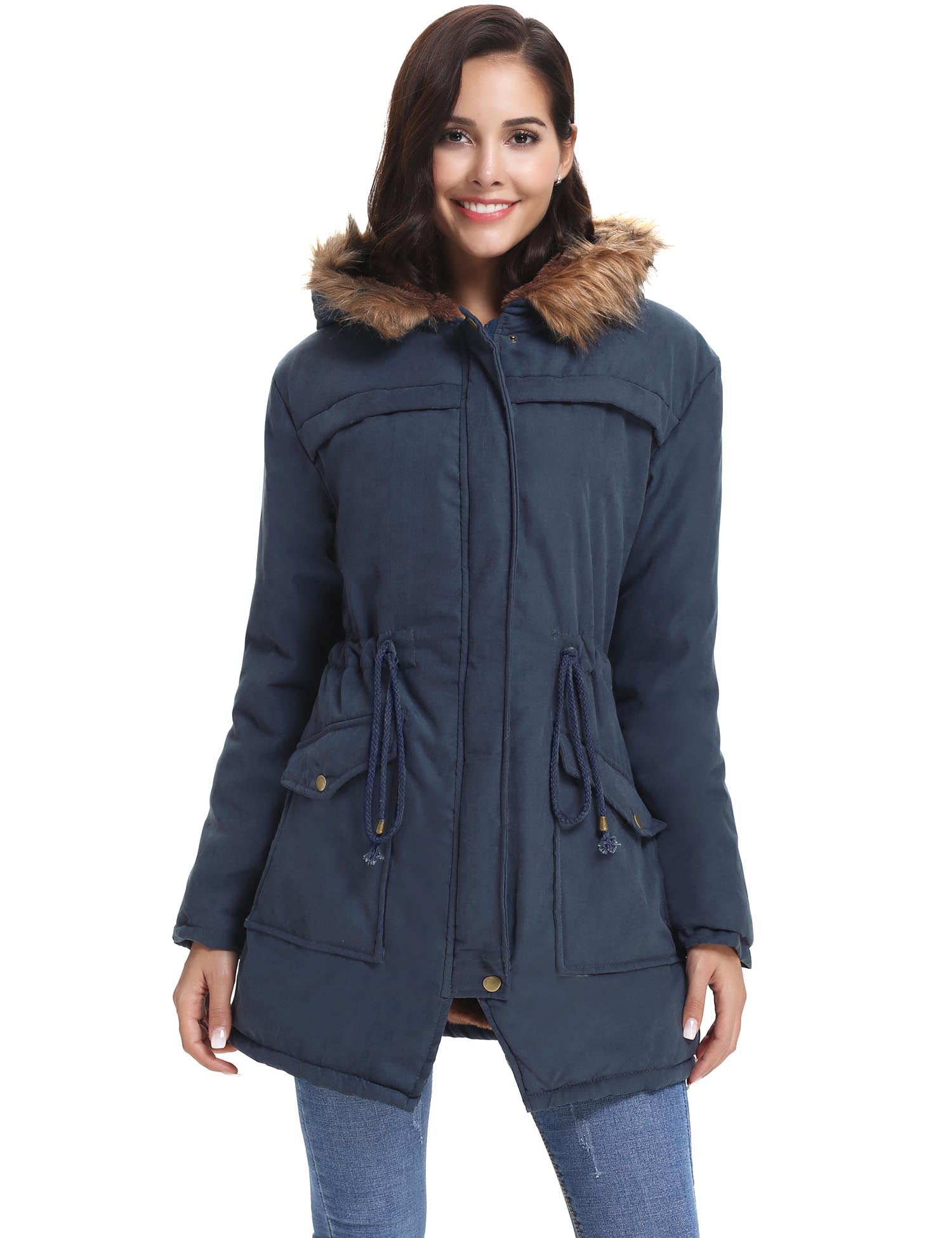 Womens Plus Size Hooded Warm Winter Coats Anroaks Long Parka Coats Fleece Outwear Jacket with Faux Fur Lined 
