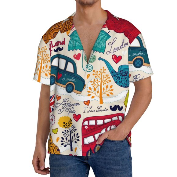Kdxio London Symbols Print Men's Polo Shirts Button Down Short Sleeve Casual Summer Beach Vintage Shirts for Men-Medium