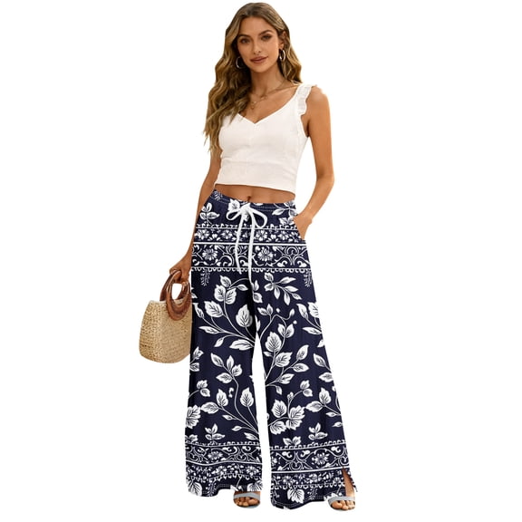 Hawaiian Print Palazzo Pants for Women Elastic High Waist Wide Leg Flowy Beach Trousers with Pockets Blue S