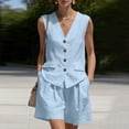 thumbnail image 2 of JULMCOMO Cotton Linen Sets for Women 2 Piece Button Down Deep V Neck Summer Tank Tops Wide Leg Trendy Shorts Matching Sets with Pockets Light Blue M, 2 of 5