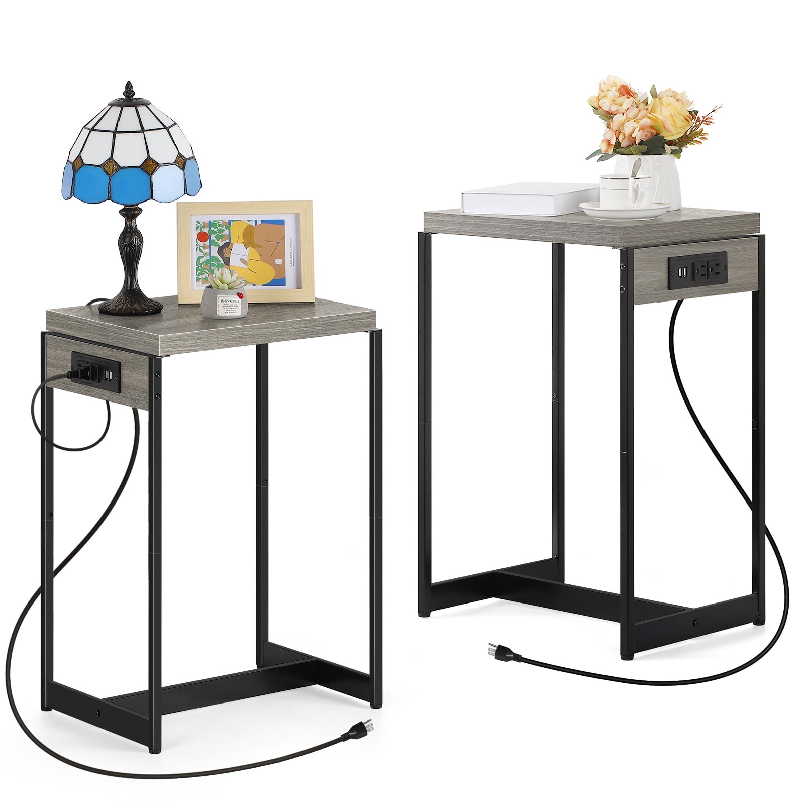 Set of 2 Nightstands Narrow Side Table End Table with USB Ports and Outlets, Gray
