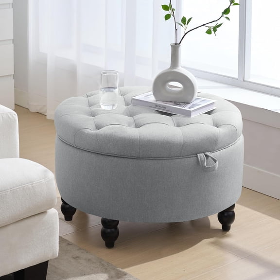 24 Inch Fabric Round Ottoman with Storage, Upholstered Button Tufted Ottoman Coffee Table with Removeable Top, Foot Rest for Living Room, Bedroom, Light Grey
