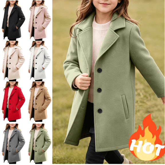 Mifsaly Girls Wool Blend Coat Notch Lapel Button Down Wool Coats Holiday Party Everyday Casual Warm Outerwear with Pockets