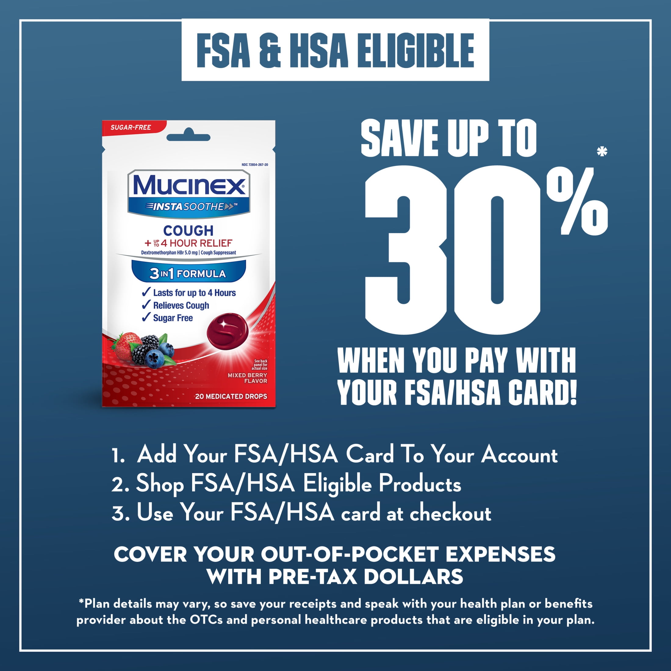 Mucinex Instasoothe Cough Drops Sugar Free, FSA/HSA, Mixed Berry Flavor, 20 Medicated Cough Drops