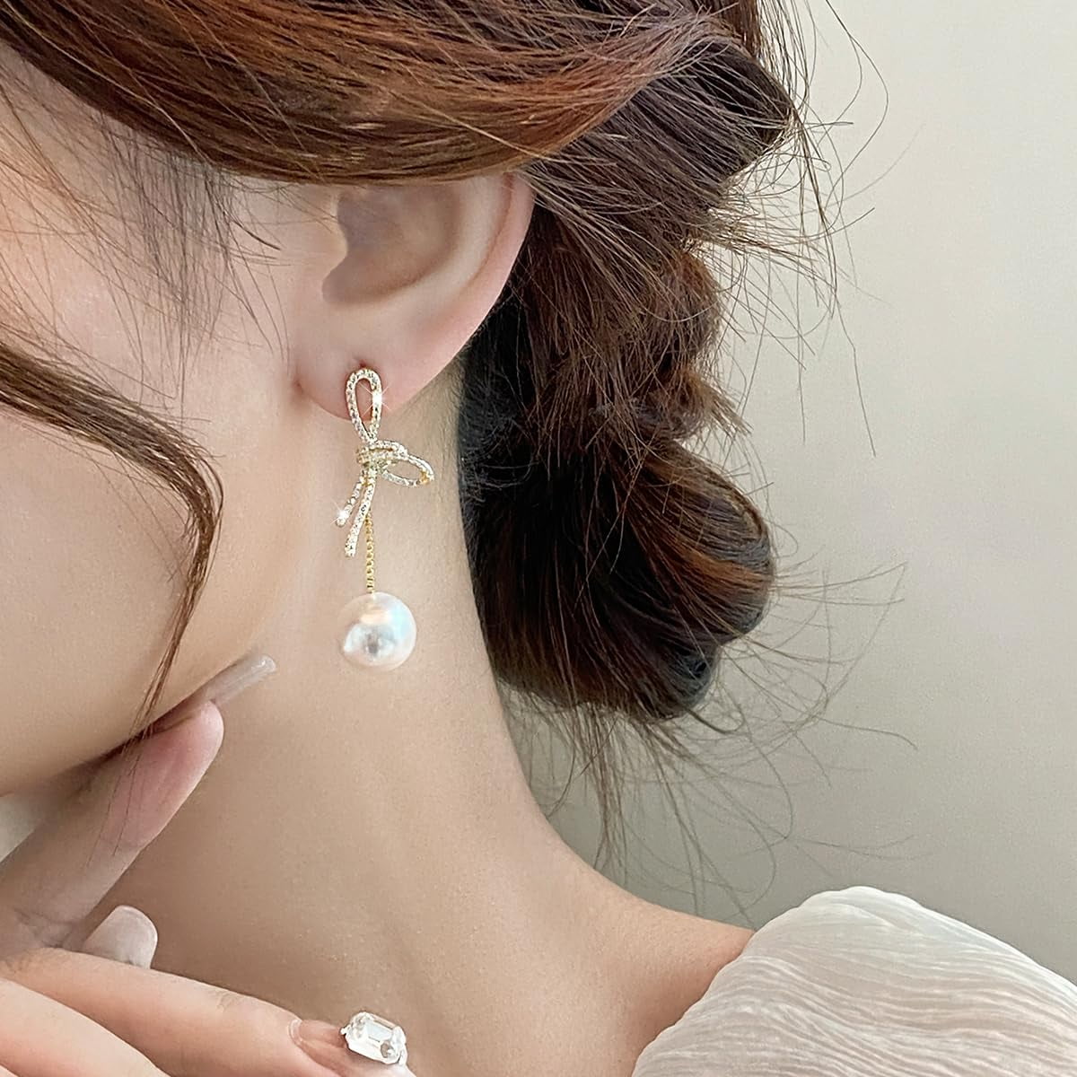 Pearl Bow Earrings Women s Gold Bow Earrings Pearl Pendant Coquettish Earrings Crystal Gold Personalized Pendant Earrings Girls Wedding Bridal Bow Jewelry Mother s Day Christmas Graduation Gifts Walma...