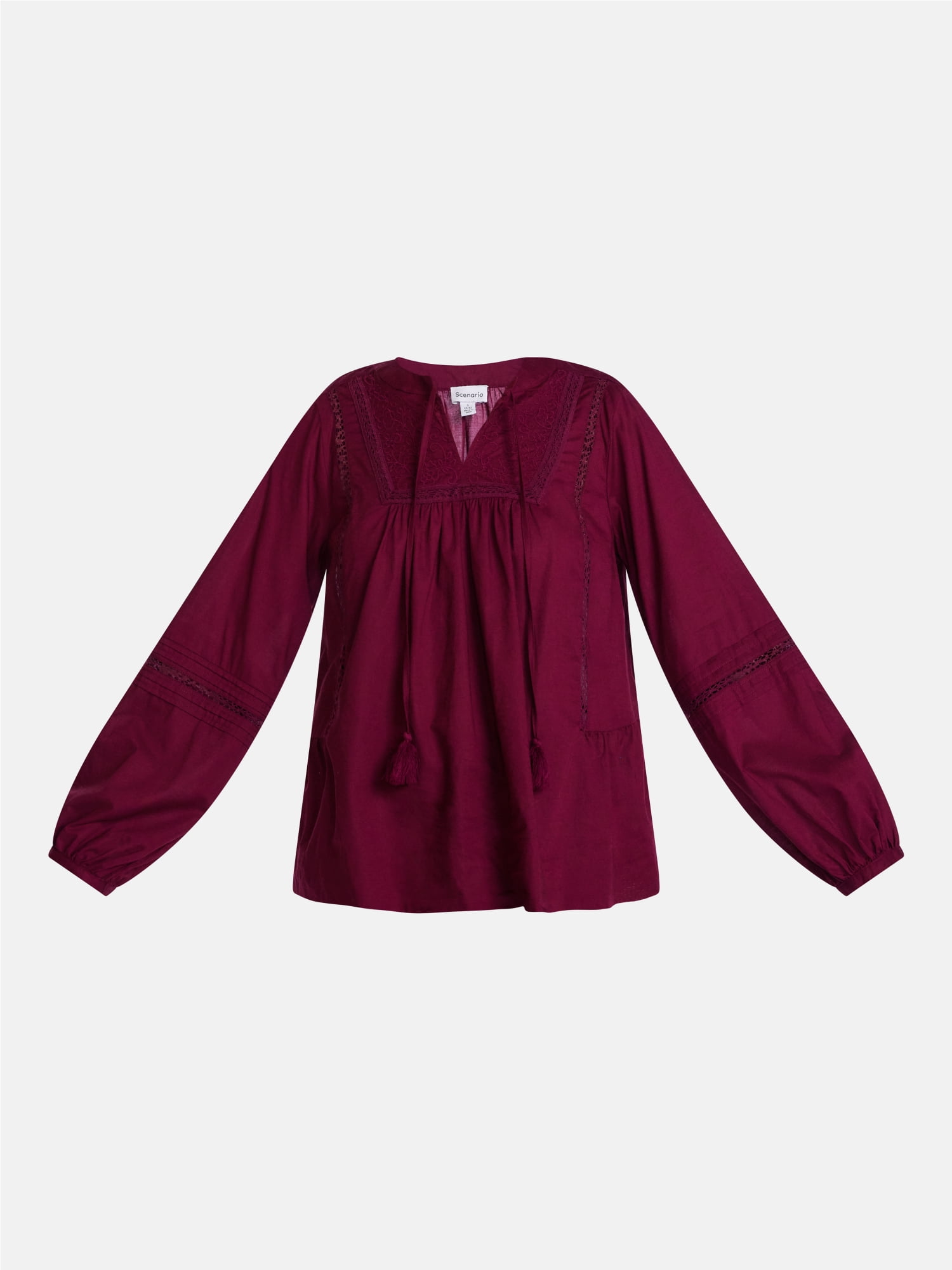 Scenario Women's and Women's Plus Embroidery Top with Lace Inserts, Sizes XS-4X