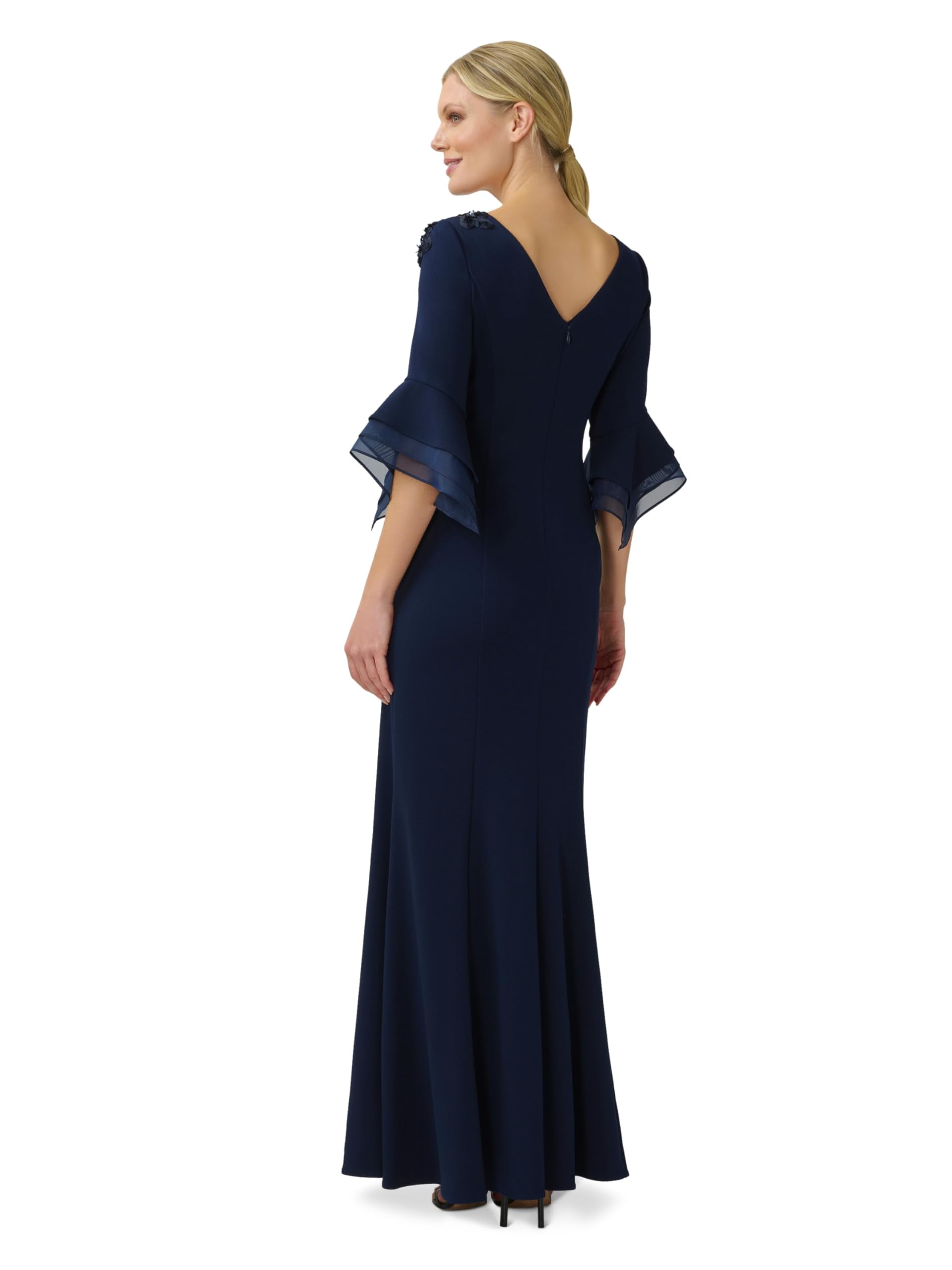 Adrianna Papell Women's Embellished Knit Crepe Gown - Beaded Shoulder, Bell Sleeves, Mermaid Skirt