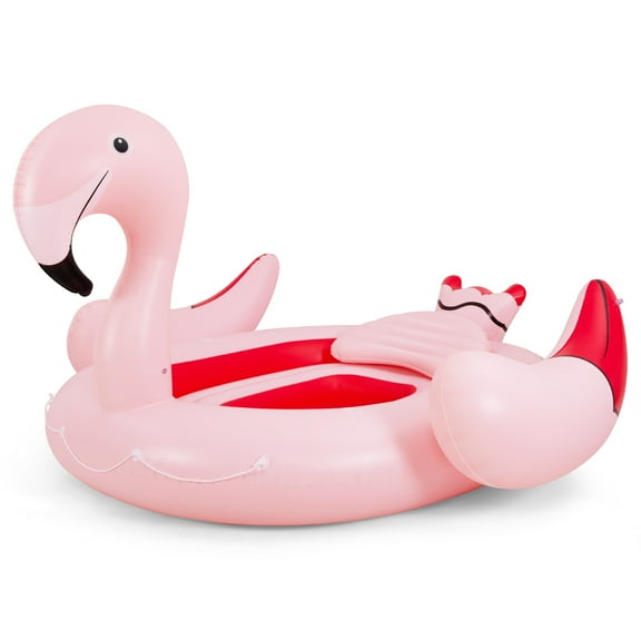 Topbuy 4-6 Persons Inflatable Flamingo Floating Island w/ Inner Loop & Floating Mat Blow-up Party Floatie with Electric Air Pump & 6 Cup Holders