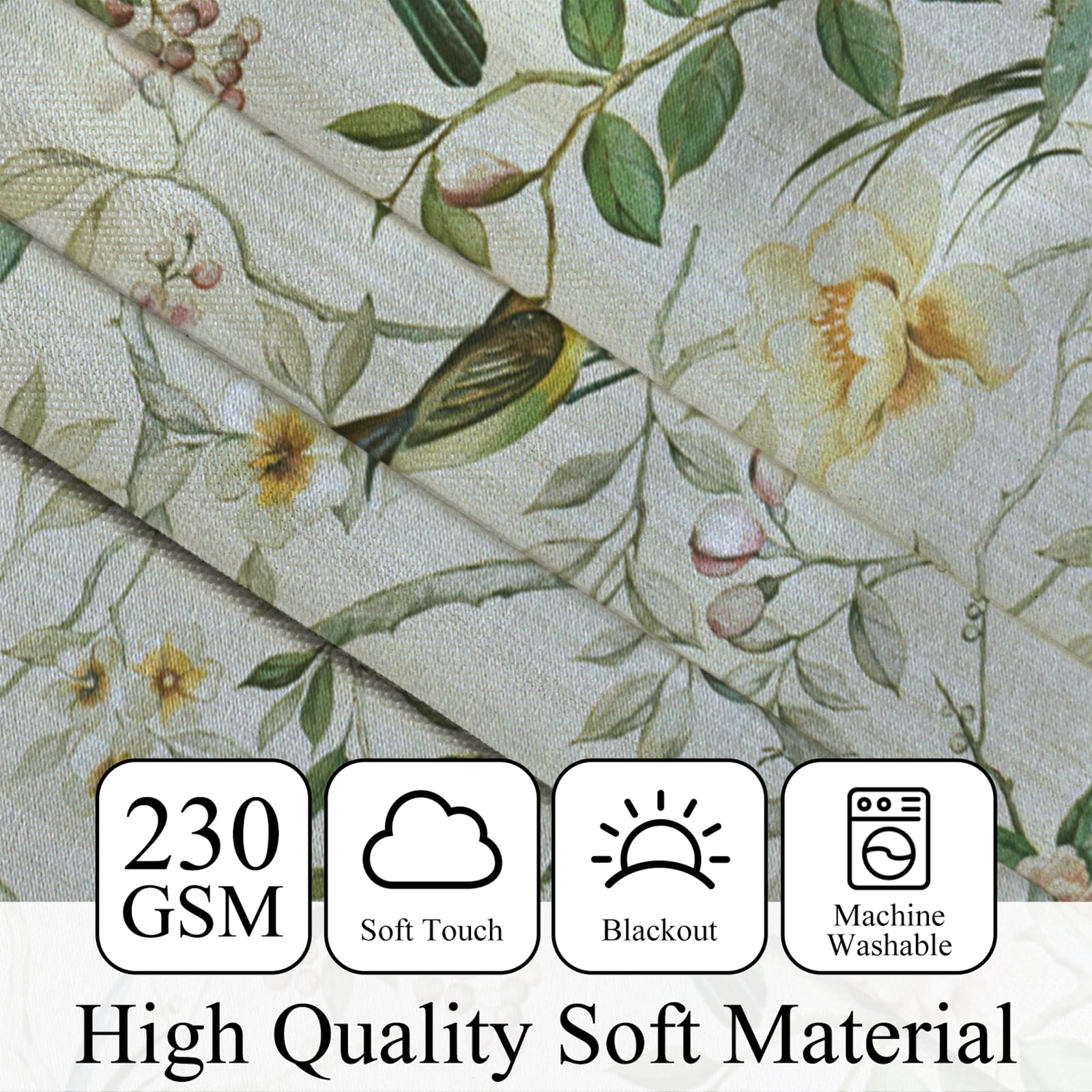 Mizhona Green Blackout Curtains for Bedroom,Chinese Theme Birds Printed Room Darkening Curtains Set of 2,42"x84"