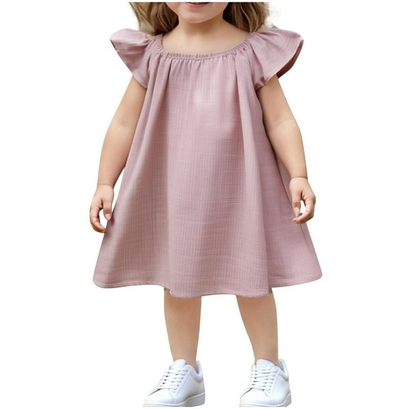 ZQUUVOU Girls Summer Linen Dress Short Flutter Sleeve Round Neck Party Dress Loose Fit Casual Cute Outfits for Toddler Pink