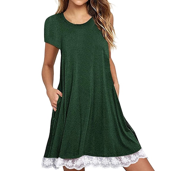 Viikei Short Sleeve Dress for Women Dress Tops Womens Tops Dressy Casual Women O Neck Casual Lace Short Sleeve Above Knee Dress Loose Party Dress