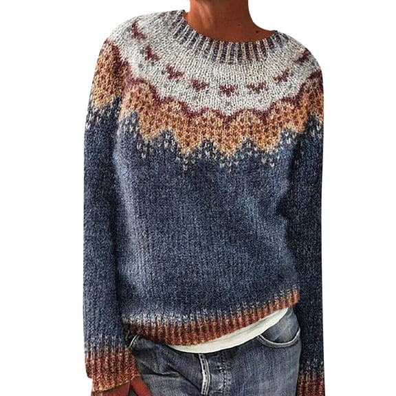 NMMUED Womens Fair Isle Sweaters Loose Sweaters for Women Womens Crew Neck Sweater Crewneck Sweater Women Womens Pullover Sweaters Long Sleeve Sweaters for Women Knitted Tops for Women Dark Blue L