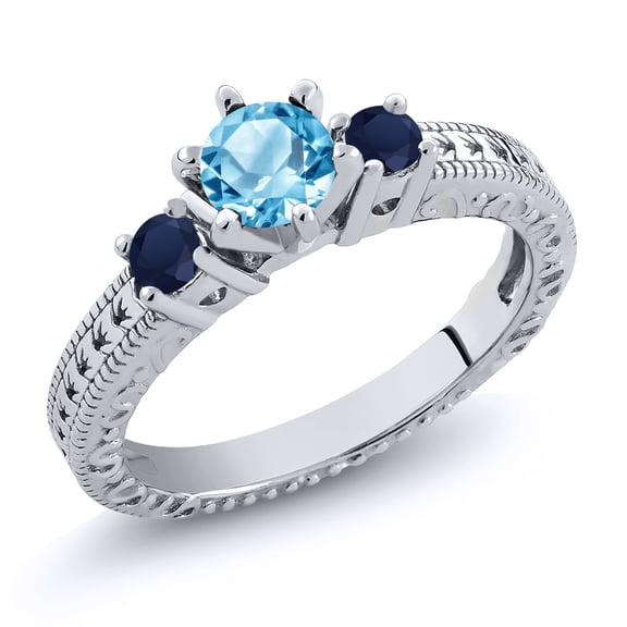 Gem Stone King 0.91 Ct Round Swiss Blue Topaz Blue Sapphire 925 Sterling Silver Ring (Size 7)