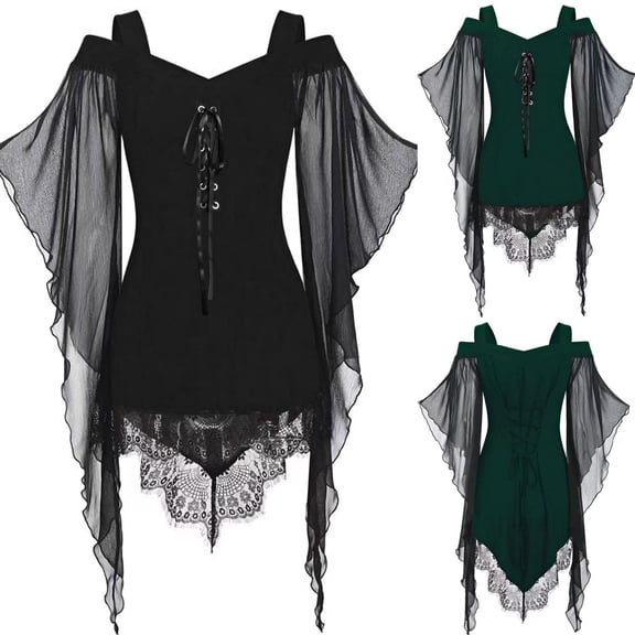 Womens Gothic Mini Dress Renaissance Cold Shoulder Bell Sleeves Dresses Witch Cosplay Party Dark Style Clothes
