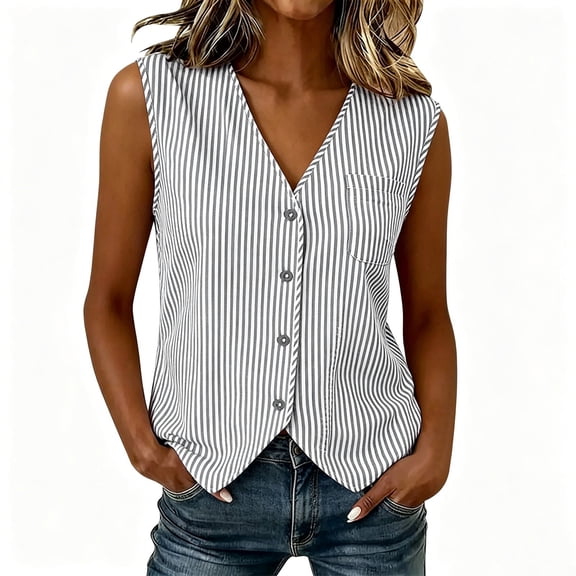 cocolona Womens Summer Tank Tops Sleeveless V-Neck Striped Button Shirts Dressy Casual Solid Color Trendy Blouses