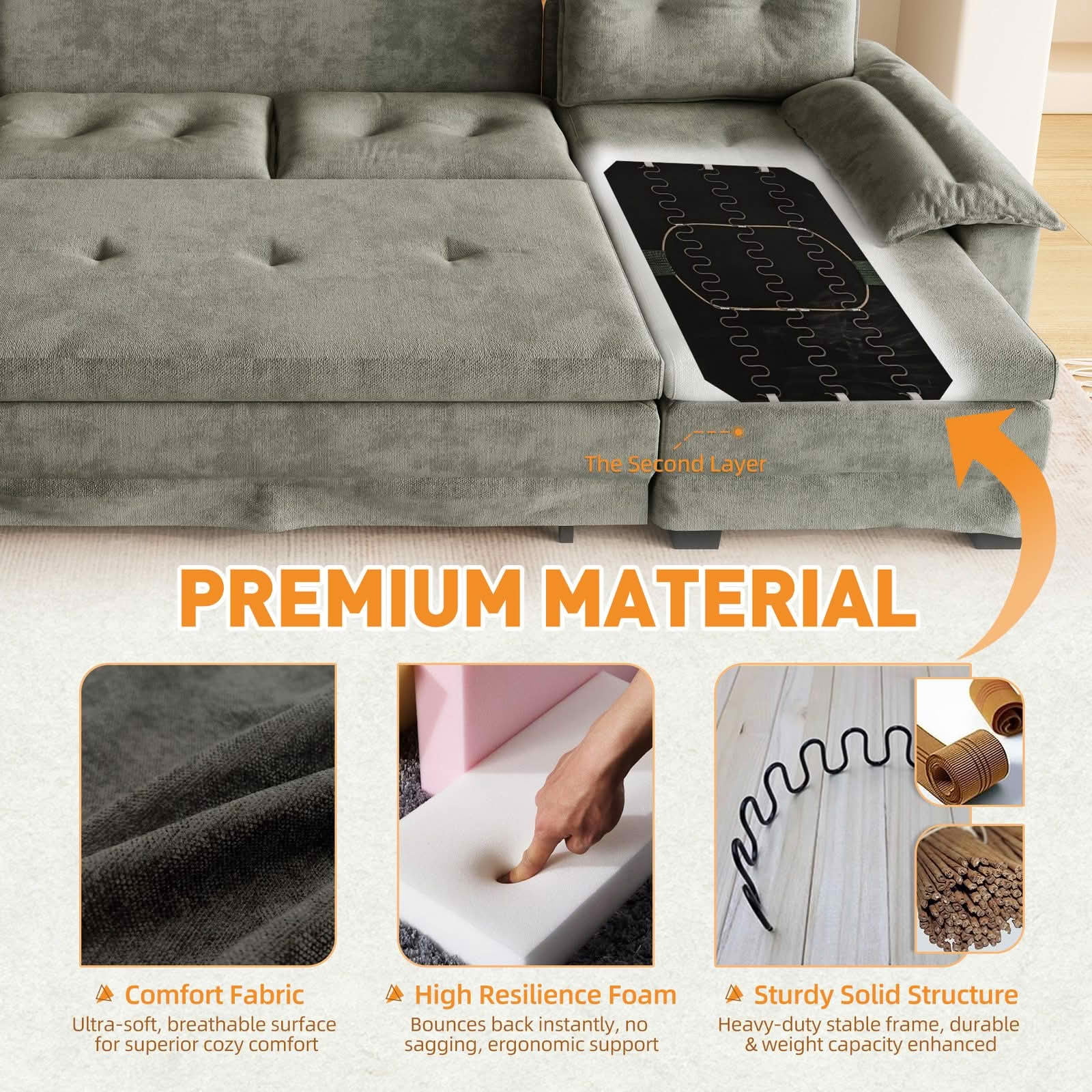 MAYEERTY 109.5" U‑Shaped Pull‑Out Sleeper Sofa, 2‑in‑1 Convertible Modular Sectional with Removable Armrests, USB Ports, Chaise Lounge, 4 Pillows Included