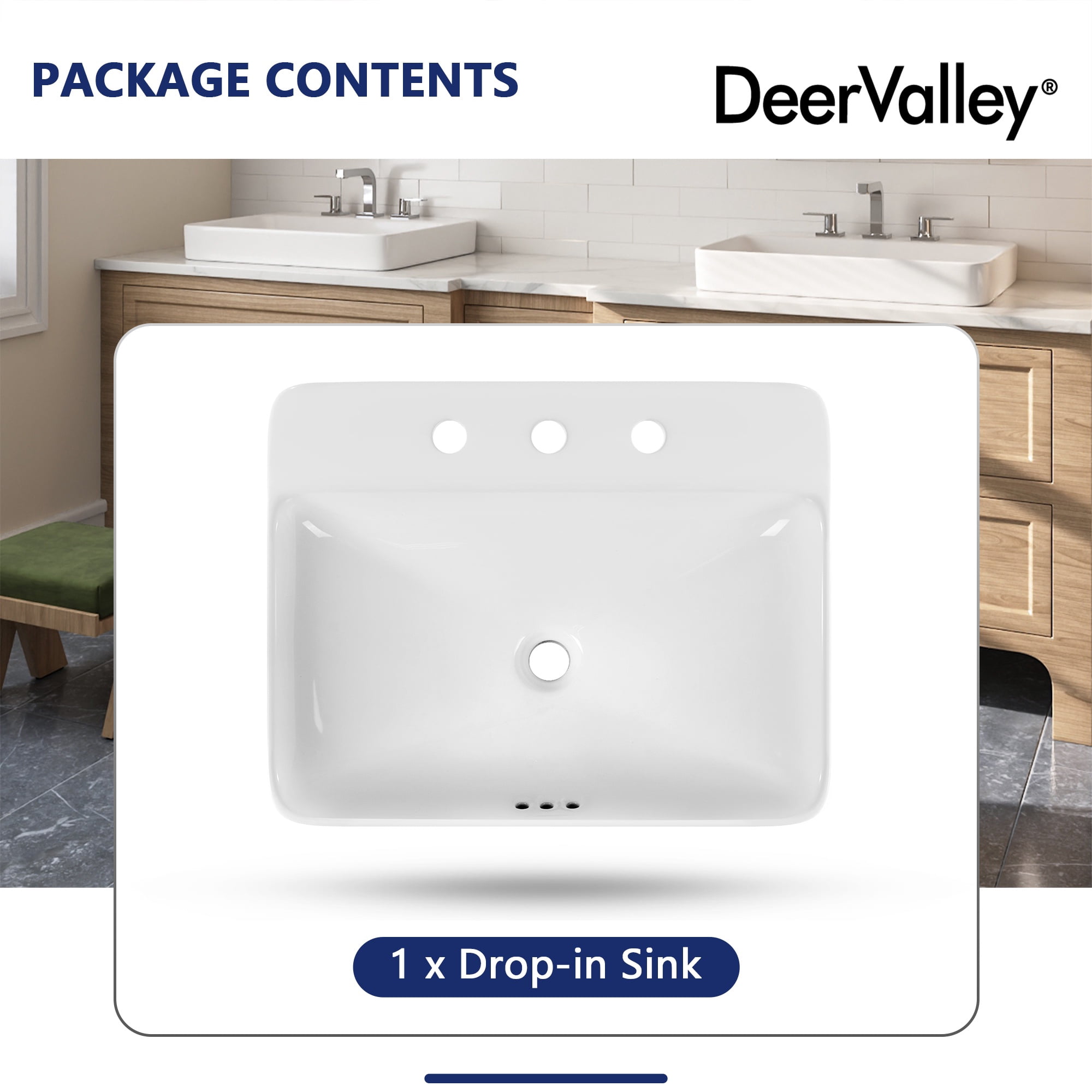 DV-1DS0121 DeerValley 23.82" L x 18.9" W x 6.69" H White Rectangular Vitreous China Drop-in Bathroom Sink with Overflow