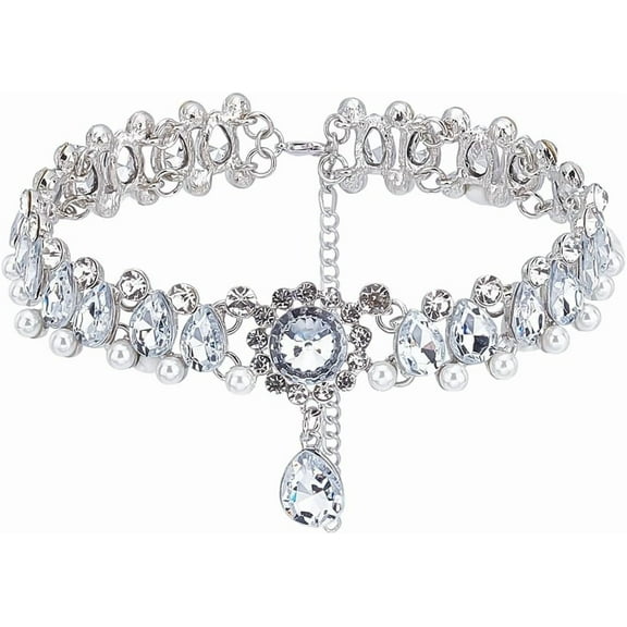 Fashion Pearl Collar Diamond Chunky Choker 13.6inch Platinum Alloy Resin Teardrop Pendant Choker Necklace Rhinestones Pendant Choker Necklace for Jewelry Gift Clear