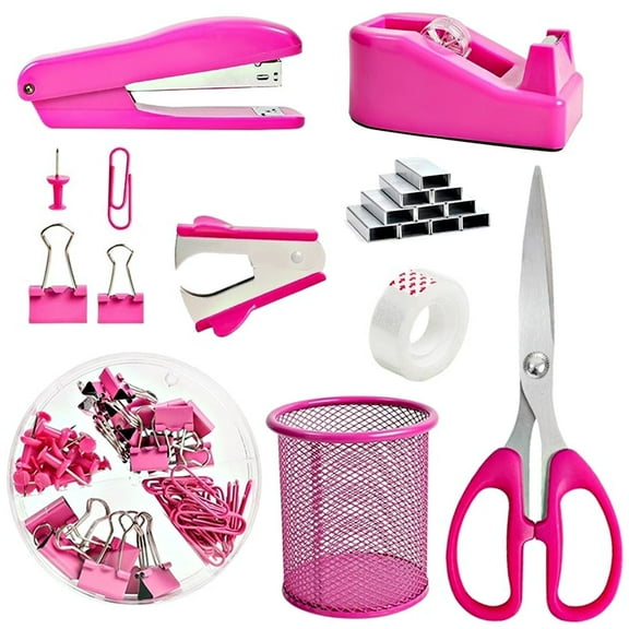Style-Carry 8-in-1 Pink Stationery Organizer Combo pack with Stapler, Tape Dispenser, Staple Remover, Pen Holder, Staples, Clips