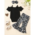 thumbnail image 3 of FEORJGP Toddler Baby Girl Summer Outfits Infant 0-2Y Off Shoulder Rompers Ribbed Knit Jumpsuit Solid Color Button Bodysuit Flower Print Flare Pants Headband Newborn 3Pcs Loose Casual Cute Clothes Set, 3 of 9