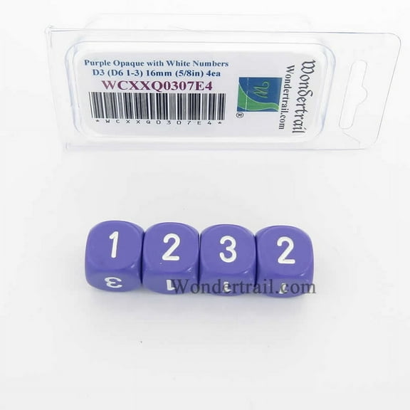 Purple Opaque Dice with White Numbers D3 (D6 1-3 Twice) 16mm (5/8in) Pack of 4 Wondertrail